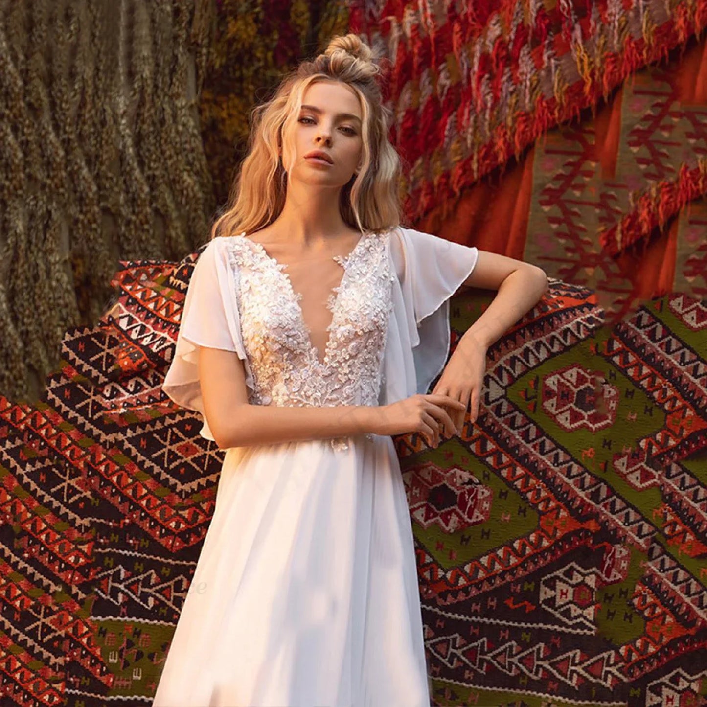 Short Sleeve Deep V-Neck Sheer Wedding Dress