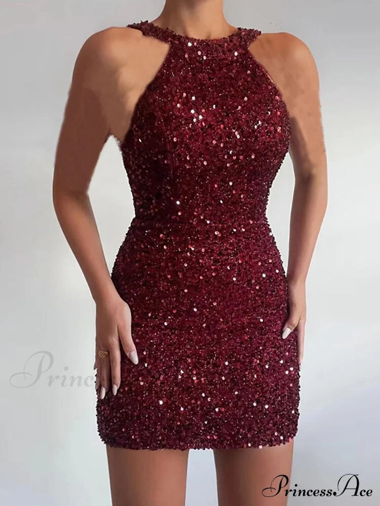 Sleeveless Off Shoulder Skinny High Waist Halter Chain Sequin Dress