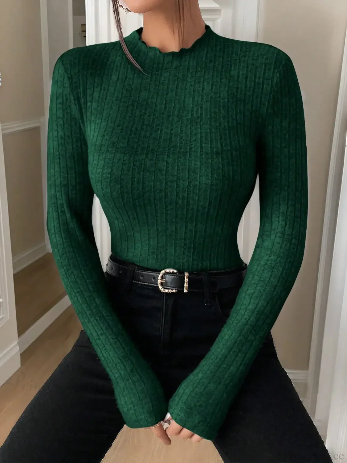 Slim Ruffle Neck Lace Mid-Collar Striped Sweater Knit Top Women