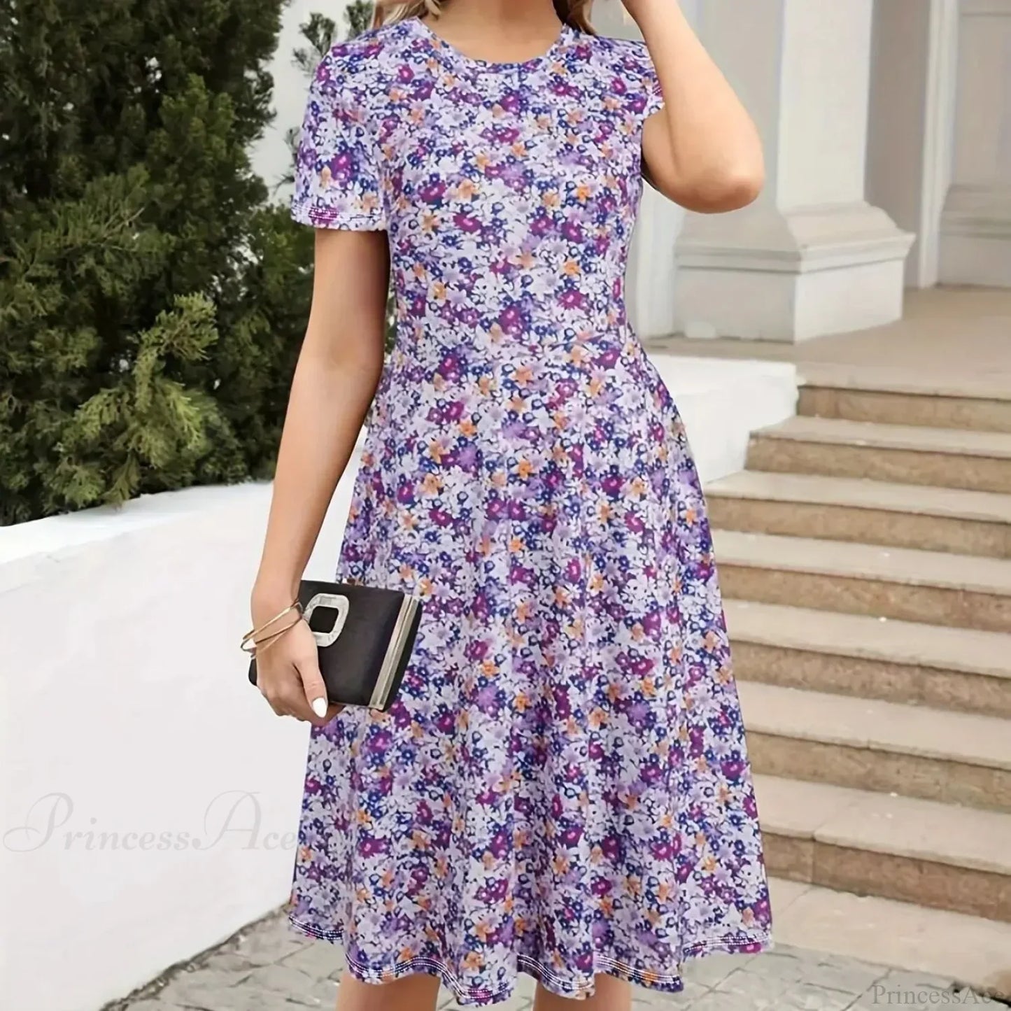 Slim Waist Floral Print Summer Round Neck Dress