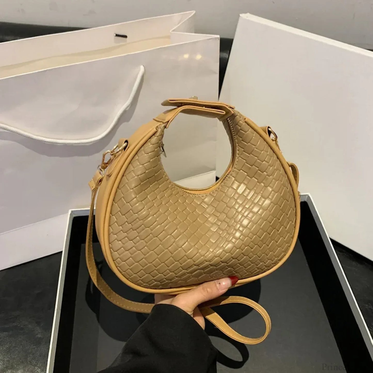Solid Color PU Leather Lattice Crossbody Handbag