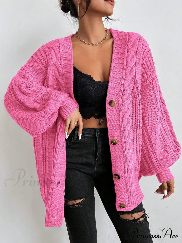 Space Dye Drop Shoulder Cable Knit Lantern Sleeve Cardigan