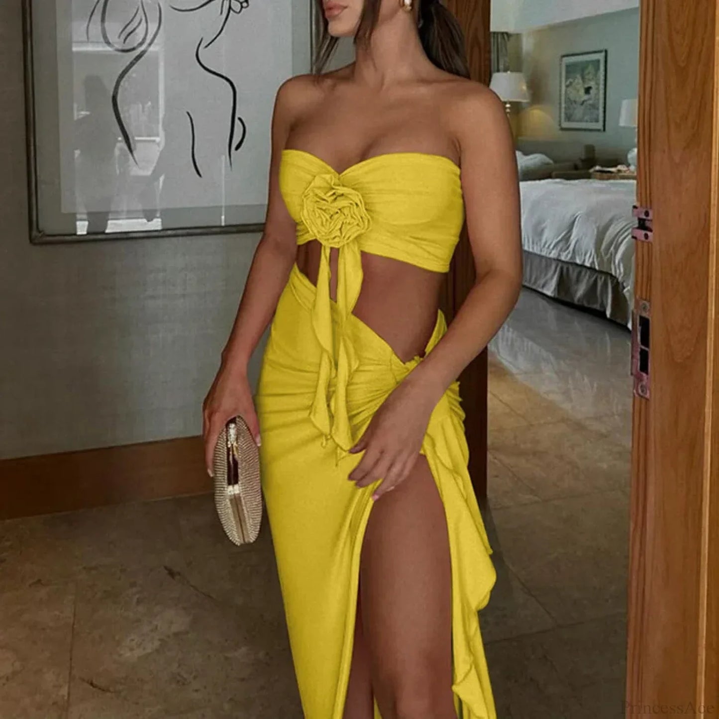 Conjunto de bikini plisado sin tirantes