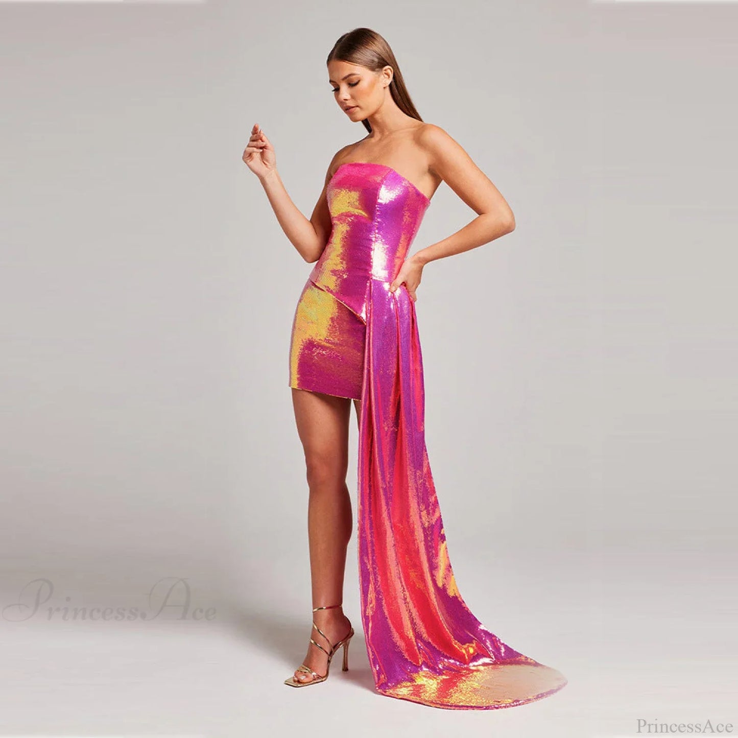 Strapless Sequin Wrap Waist Two Piece Prom Dress