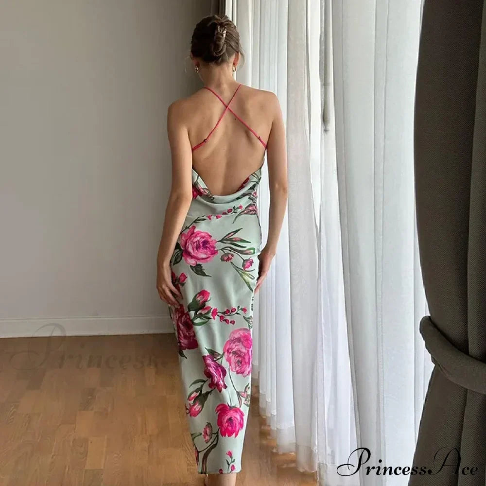Summer Print Long Halter Backless Satin Split es Women Hot Vestidos Floral Dress