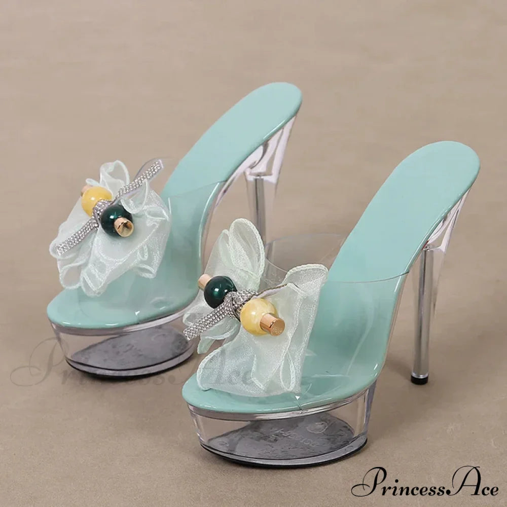 Transparent Platform Slipper For Women Mesh Bowknot Open Toe Super High Heels Party Stripper Shoes Clear Sandal - Size 35-43