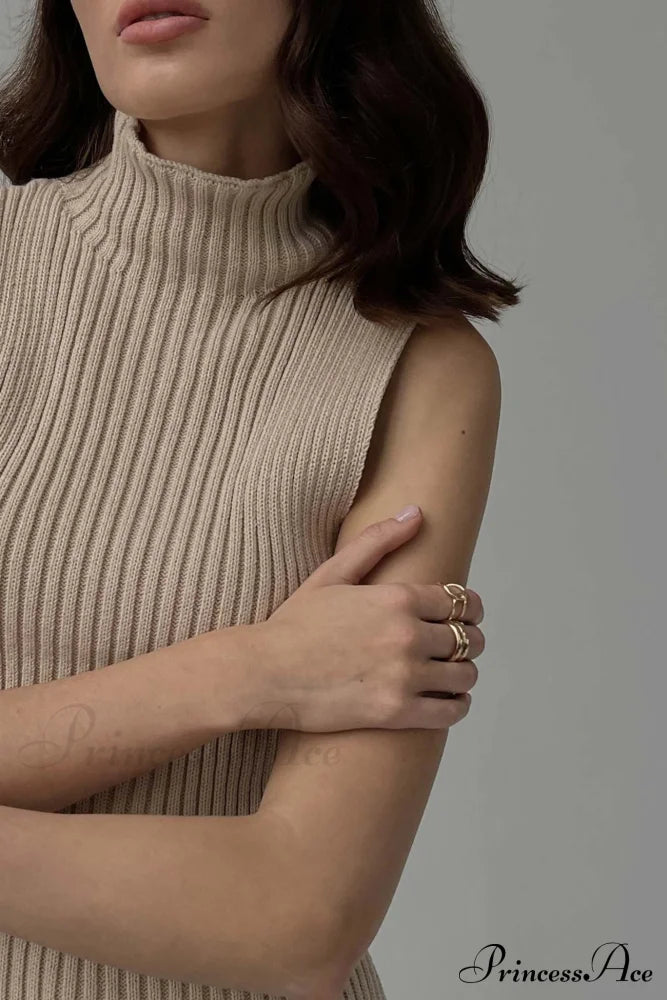 Turtleneck Ribbed Sleeveless Knit Sweater