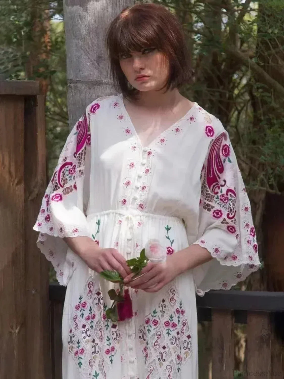 V Collar Embroidery Oversized Casual Cotton Boho Dress