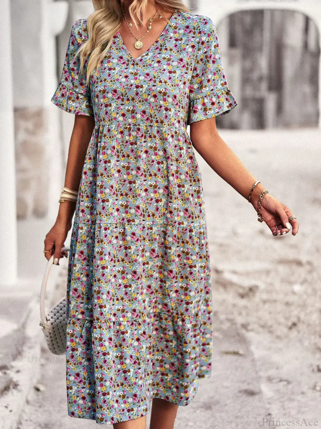 V-neck Elegant Floral Print A-line Holiday Dress