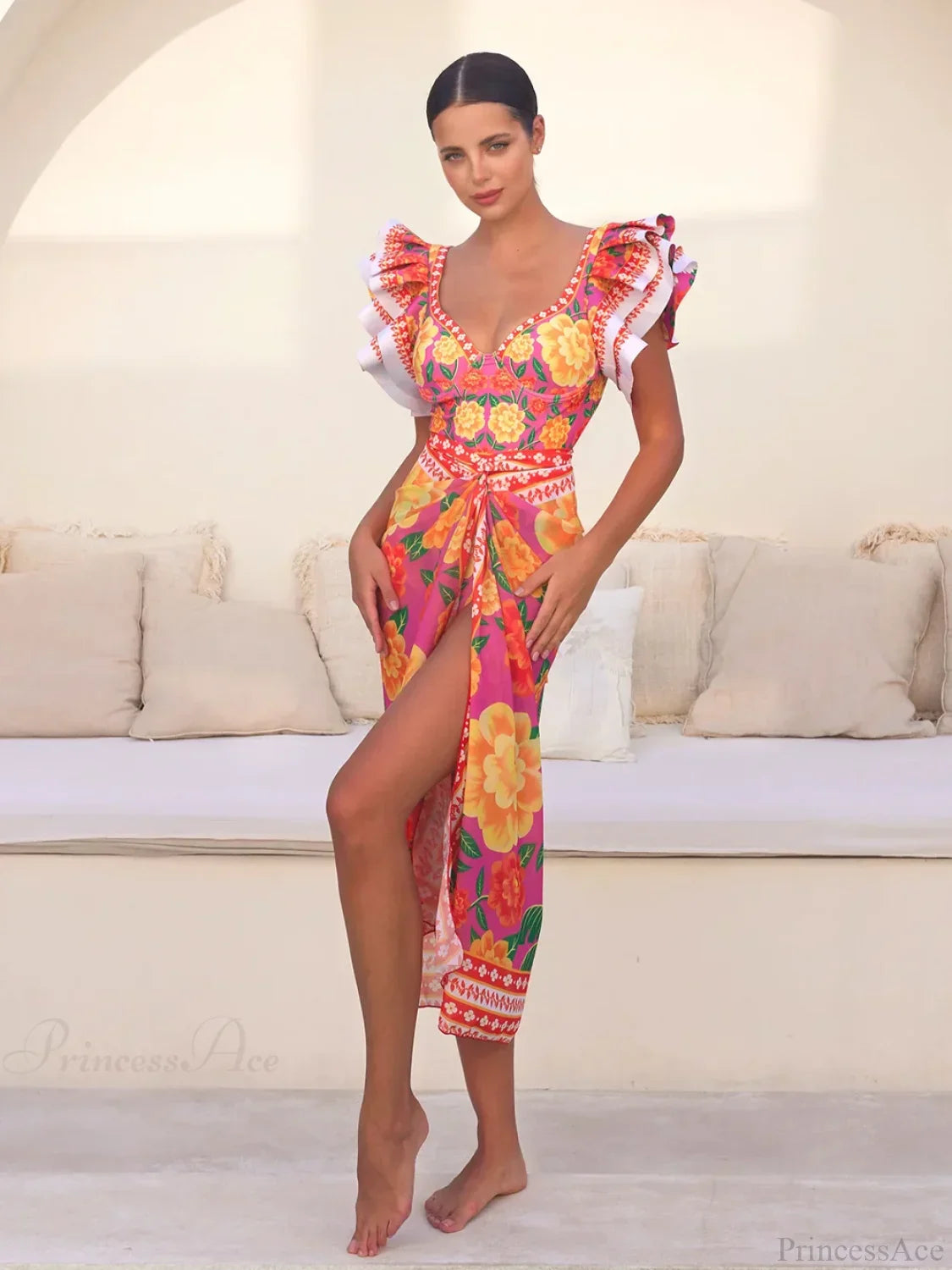 Conjunto de dos piezas de pareo con estampado de bambú vintage