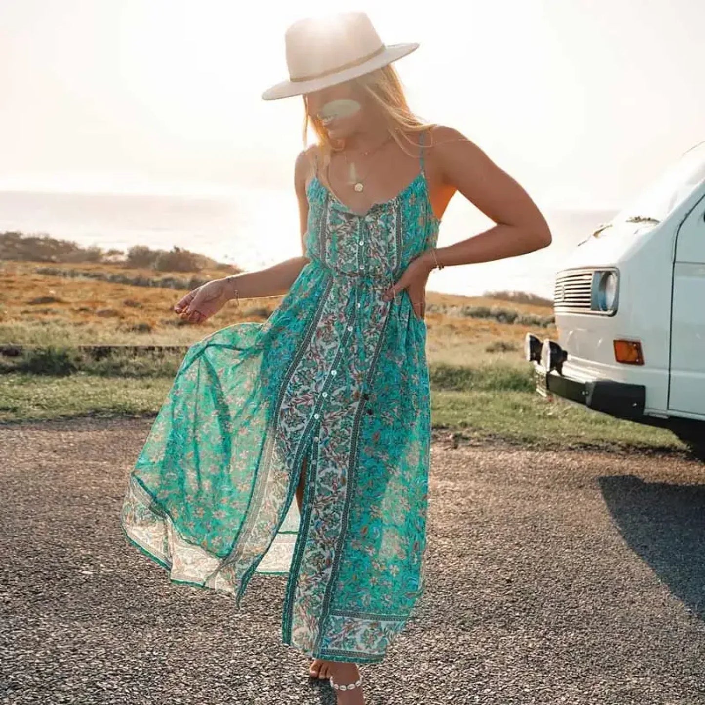 Vintage Floral Print Boho Midi Dress