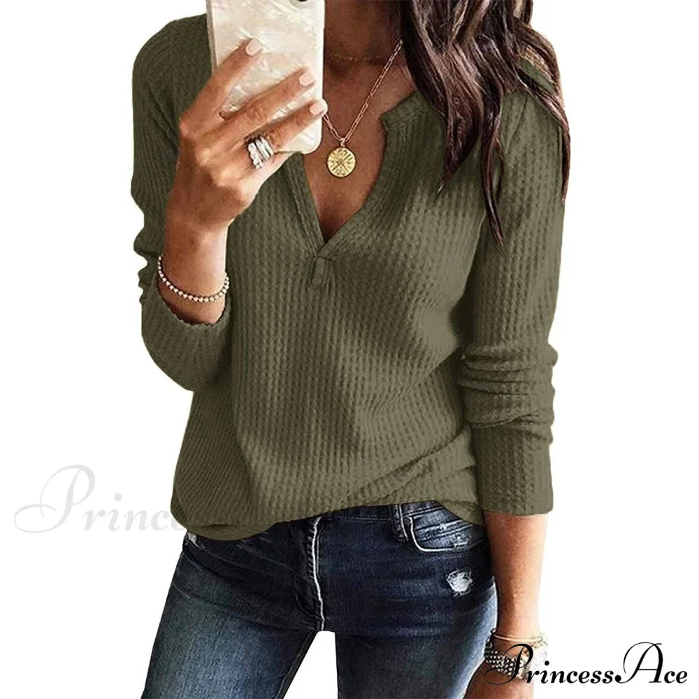 Waffle Neck Tops Knit Henley V for Women