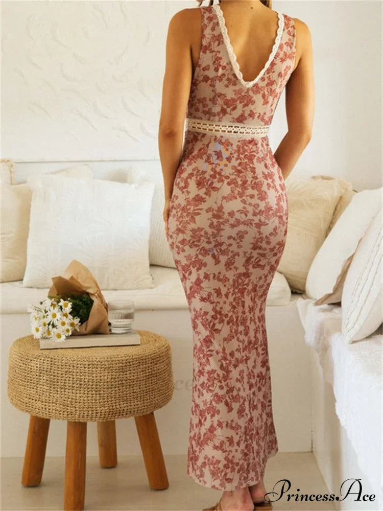 Women Sleeveless Lace Trim Tank Summer Floral Print Party for Cocktail Beach Club Vestido Streetwear