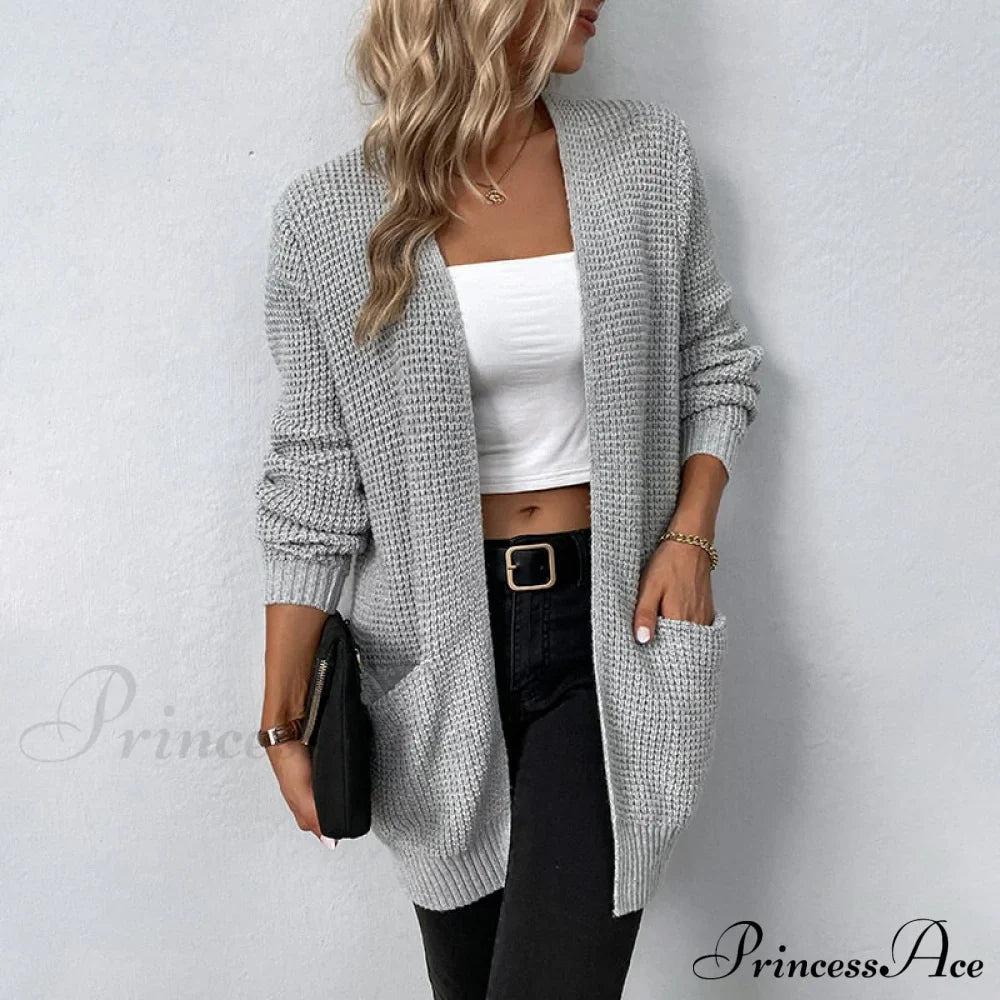 Women's Sweater New V-Neck Solid Color Loose Fit Pockets Long Cardigan