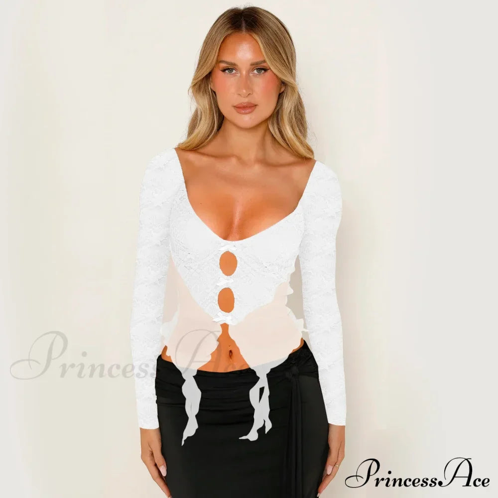 Y2k Lace Sheer Sexy Slim Fit Fairy Long Sleeve Trendy Stylish Classic Crop Top