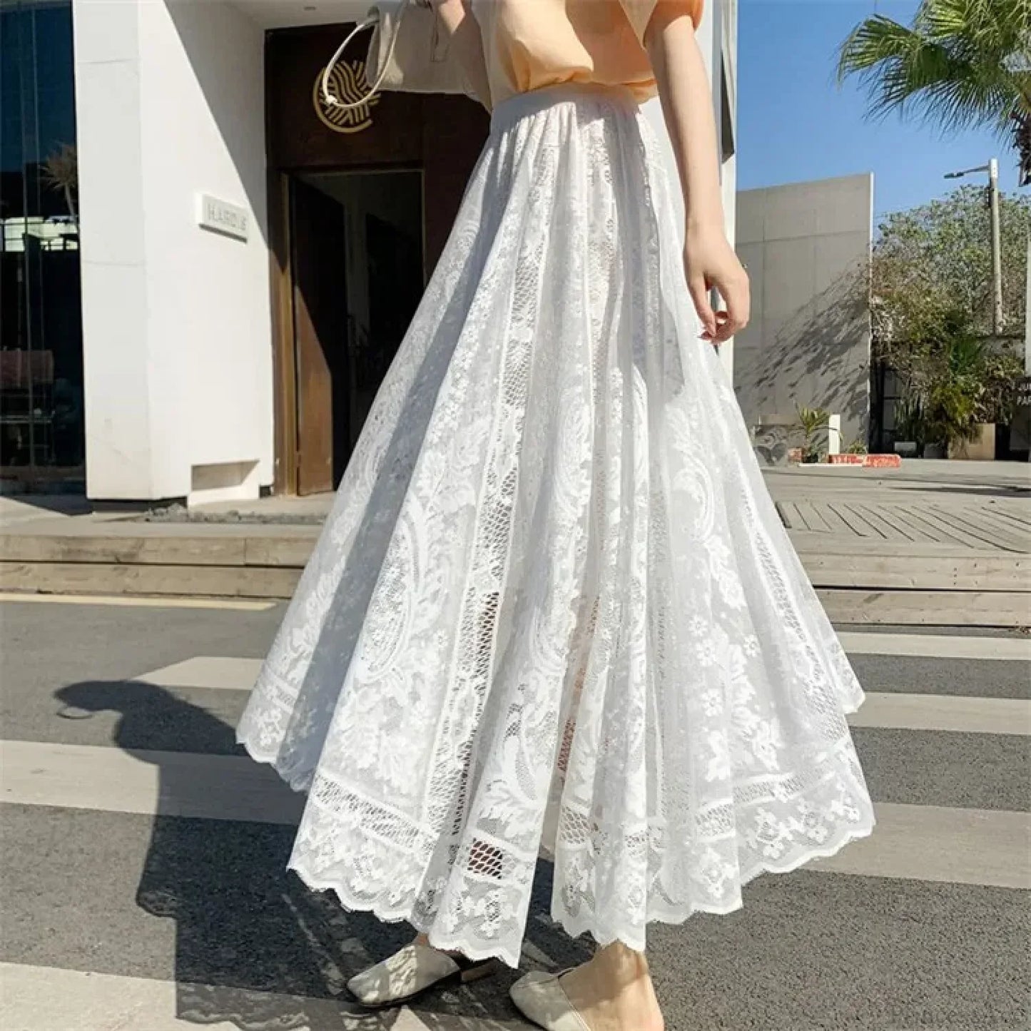 Y2K Women's Lace Crochet Umbrella Long Skirt Bohemian High Waist