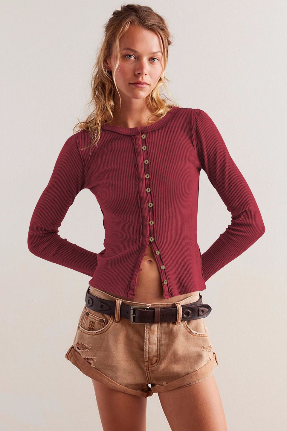 Solid Color Ribbed Cardigan