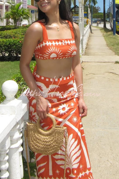 Holiday Print Square Neck Back Bow Top and Casual Maxi Skirt Set