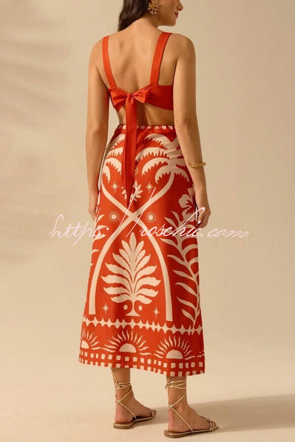 Holiday Print Square Neck Back Bow Top and Casual Maxi Skirt Set