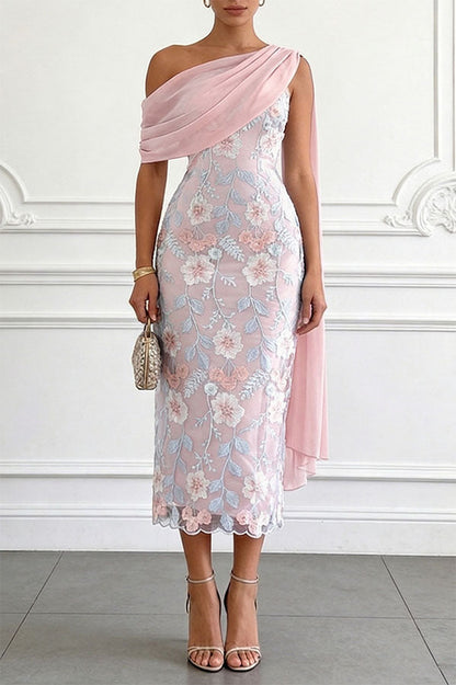 Ellie Ruched Drape Tulle One Shoulder Floral Embroidery Party Midi Dress