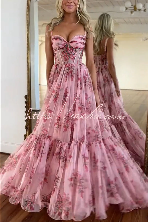 Danah Tulle Floral Print Corset Sweetheart Neck A-line Gown Maxi Dress