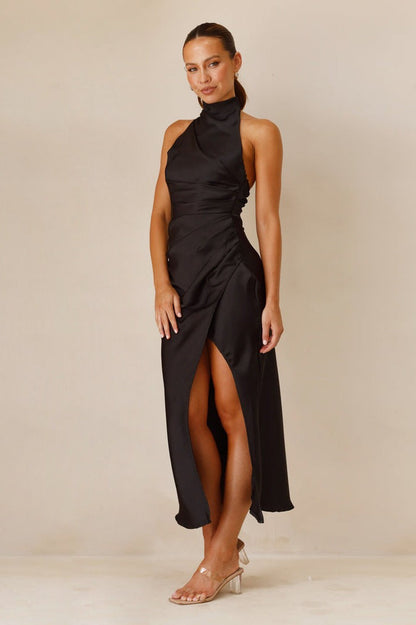Halter Slim Solid Color Slit Sleeveless Maxi Cocktail Dress