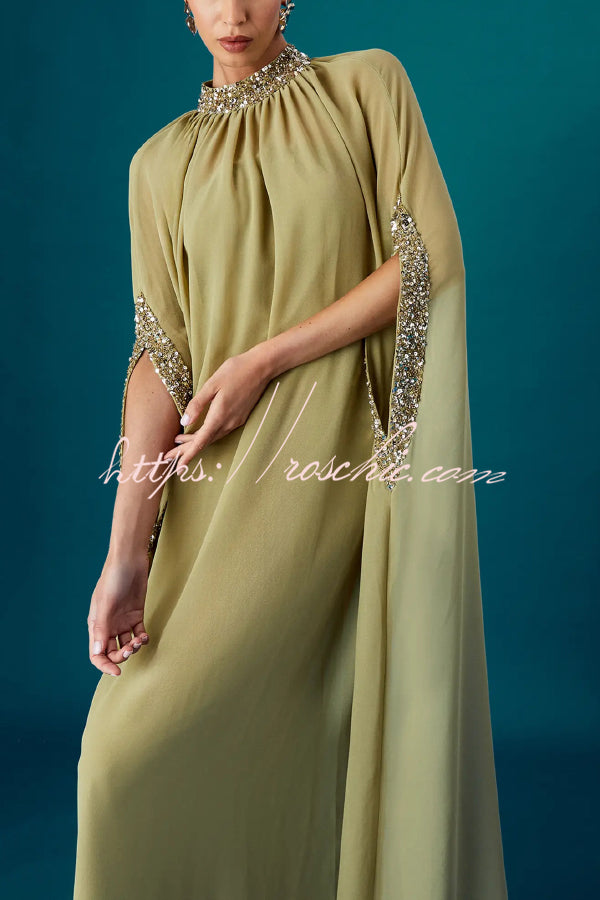 My Dearest Chiffon Sequin Trim High Neck Batwing Cutout Sleeve Cape Maxi Dress