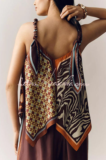 Wilson Satin Unique ColorBlock Print Scarf Top and Elastic Waist Pocket Wide Leg Pants Set