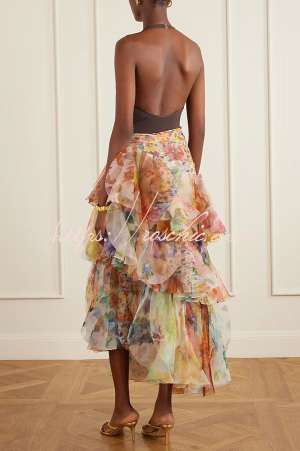 Luna Tulle Watercolor Floral Print Layered Fan-shaped Ruffle Design Maxi Skirt