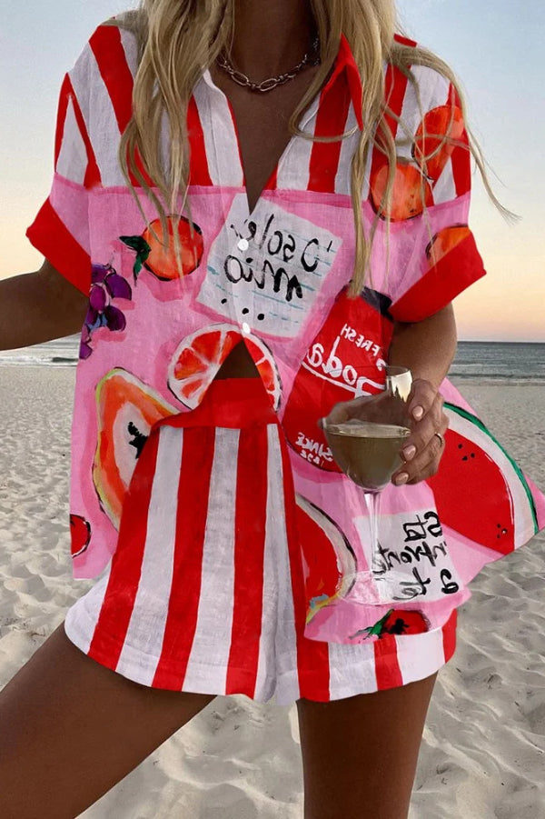 Fruit Print Loose Button Elastic Waist Shorts Set