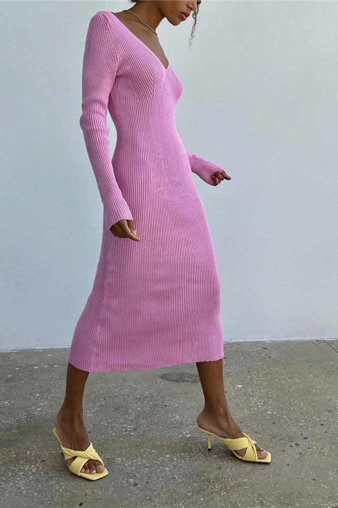 Vestido de suéter de punto acanalado de manga larga
