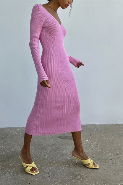Vestido de suéter de punto acanalado de manga larga