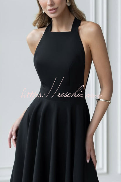 Solid Color Halter Neck Bow Tie Elegant Waist-cinching Midi Dress