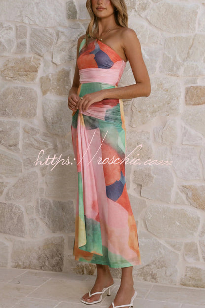 Unique Printed One-Shoulder Cutout Fitted Lace-Up Maxi Dress