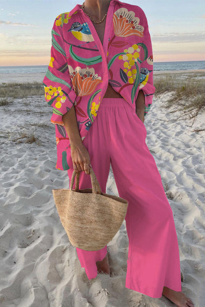 Plant Print Oversized Shirt and Elastic Waist Pocket Pants Set