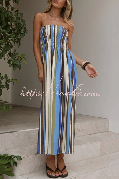 Color Striped Print Sleeveless Off-Shoulder Gathered Casual Maxi Dress