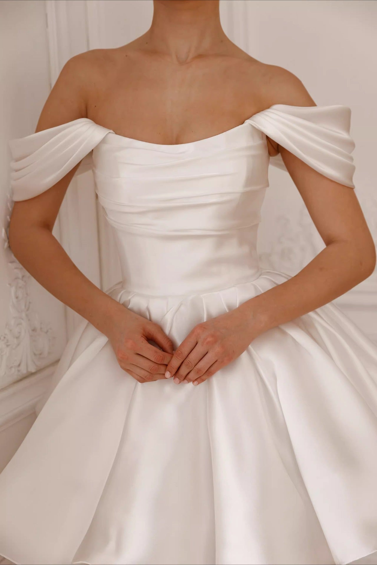 Minimalist Off Shoulder Tie Back Tulle Reception Dress
