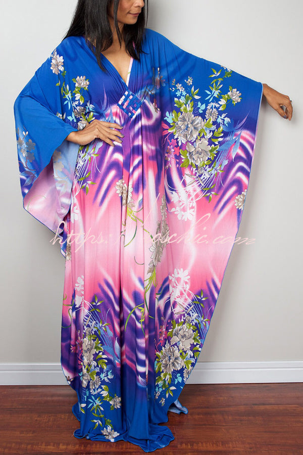 Unique Print Loose V-Neck Batwing Sleeve Casual Maxi Dress