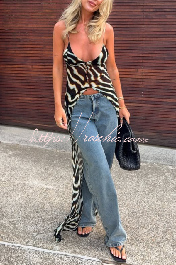 Zebra Print V-neck Camisole Long Mesh Top