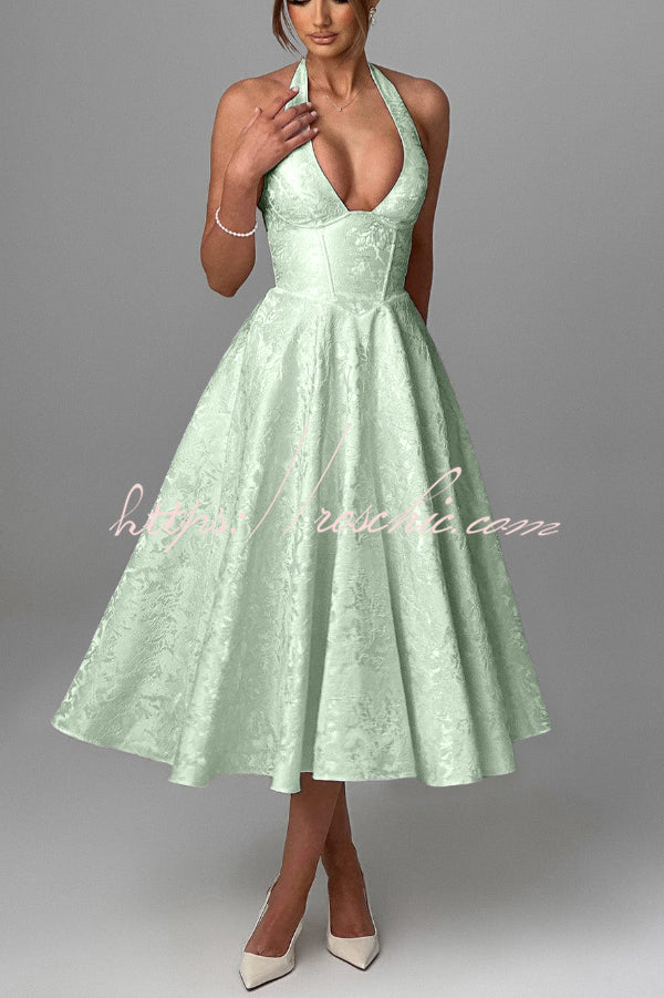 Stylish Jacquard Halter Neck Fitted Waist Open Back Elegant Midi Dress