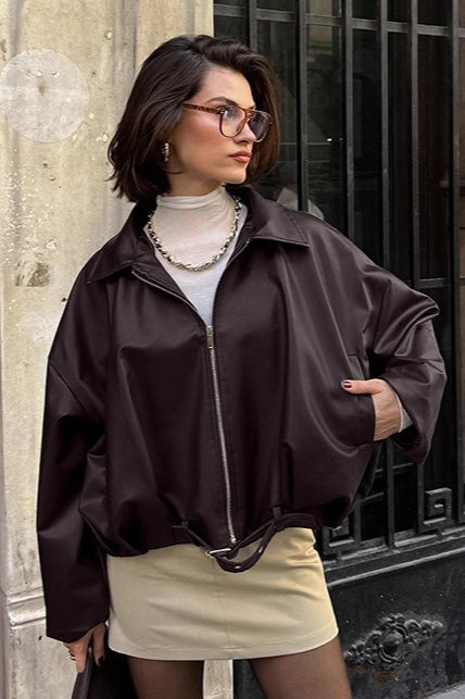 Chaqueta de cuero retro tipo biker marrón