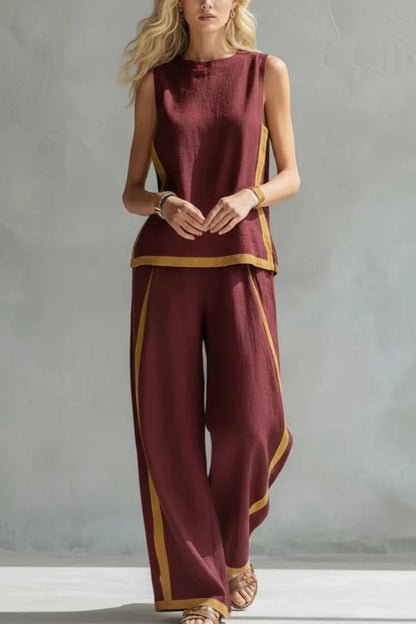 Linen Blend Color-blocked Round Neck Sleeveless Loose Top and Elastic Waist Casual Pocket Wide-leg Pants Set