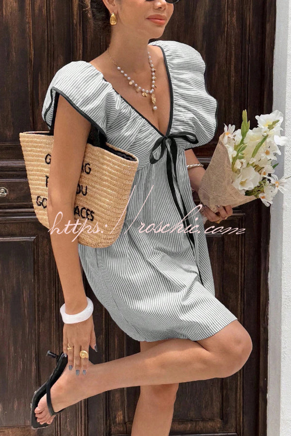 Striped Print Loose V-neck Tie Bow Casual Mini Dress