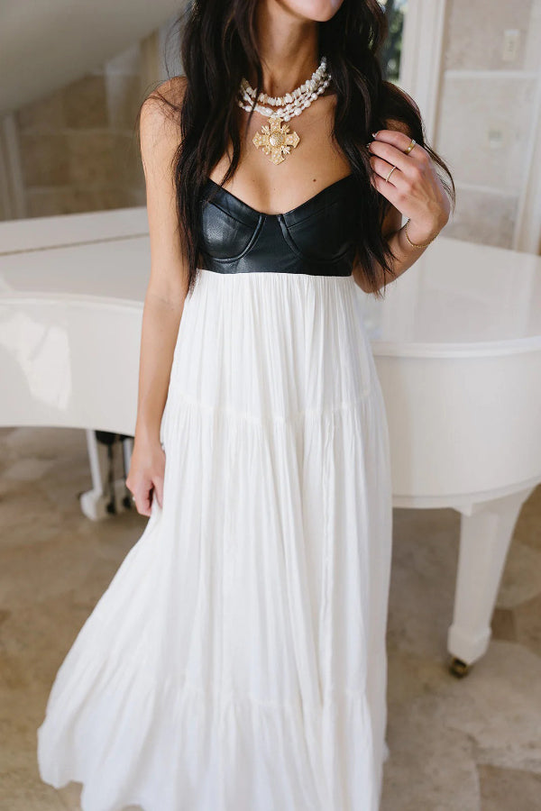 Stylish Leather Patchwork Suspender Casual Vacation Style Maxi Dresses