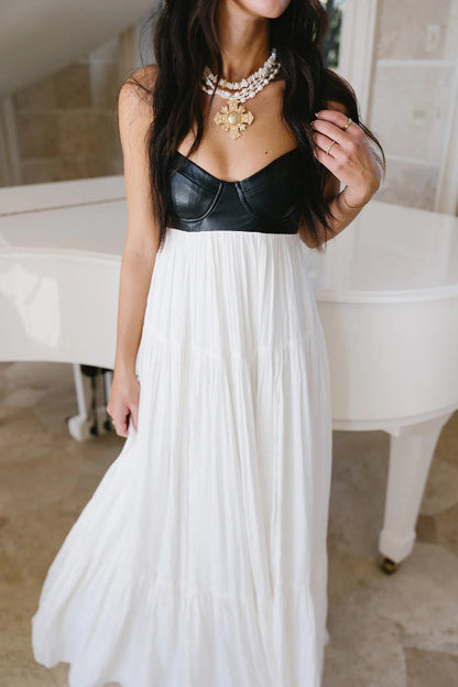 Stylish Leather Patchwork Suspender Casual Vacation Style Maxi Dresses