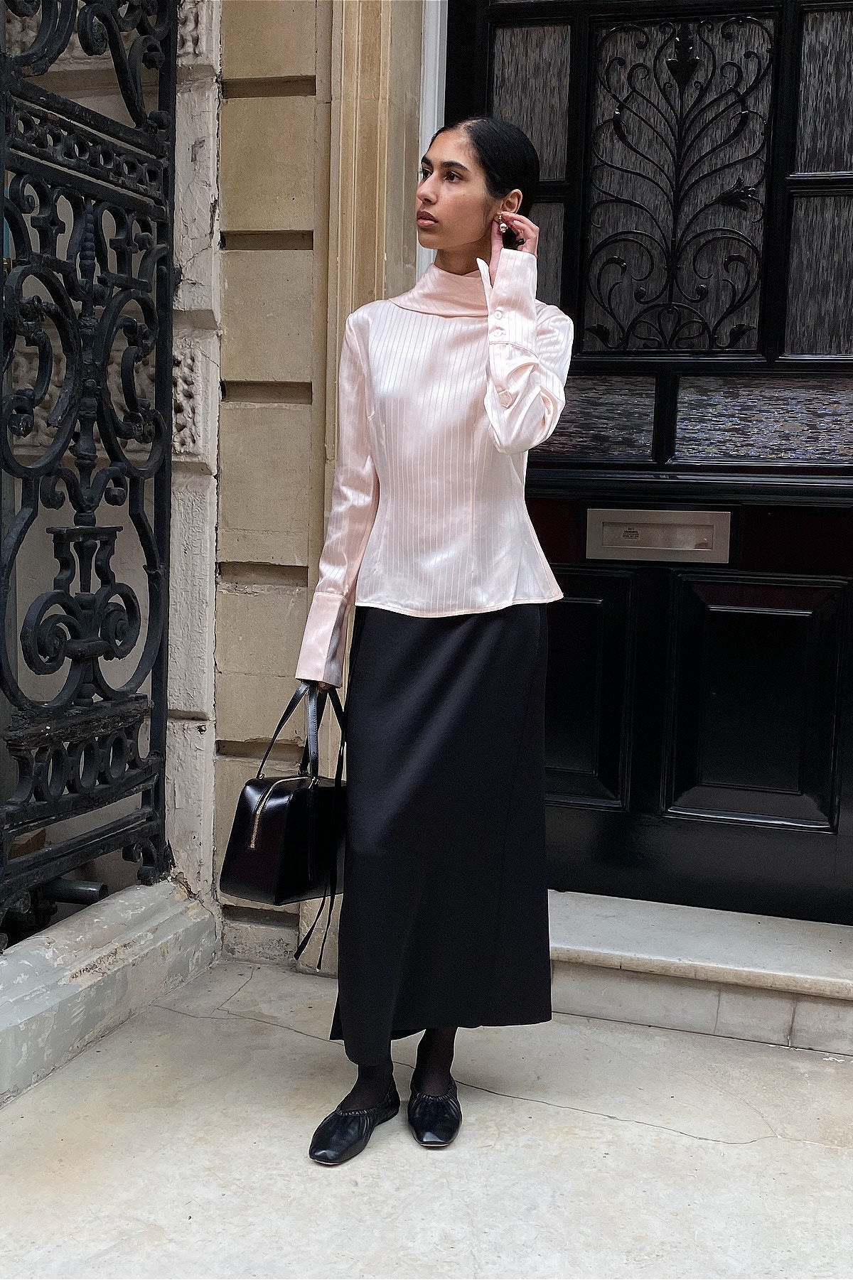 Striped Satin Turtleneck Tie Waist Slim Blouse