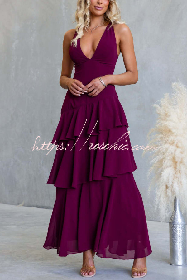 Solid Color V-neck Sleeveless Elegant Layered Maxi Dress
