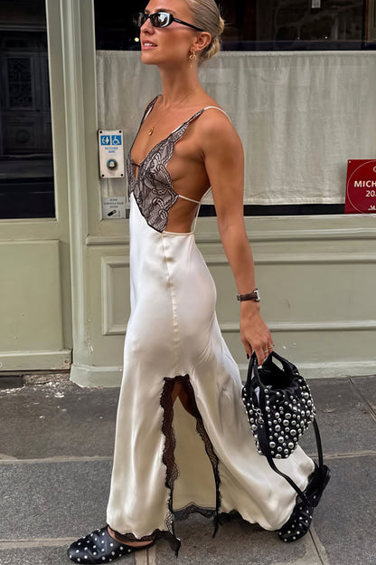 Vestido maxi de satén sin espalda con retazos de encaje sexy y entallado