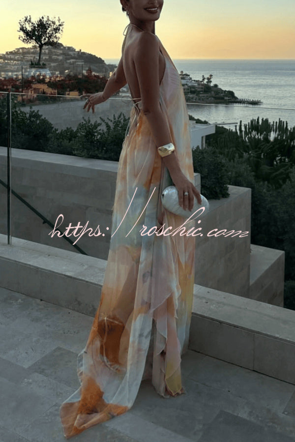 Fashionable Tie-dye Halter Neck Backless Loose Vacation Maxi Dress