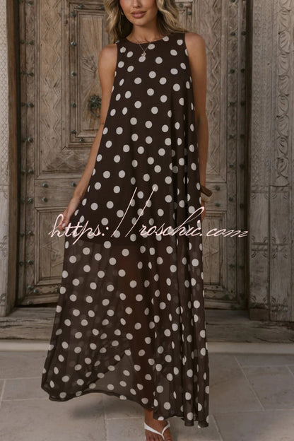 Polka Dot Print Loose Round Neck Sleeveless Mesh Casual Maxi Dress